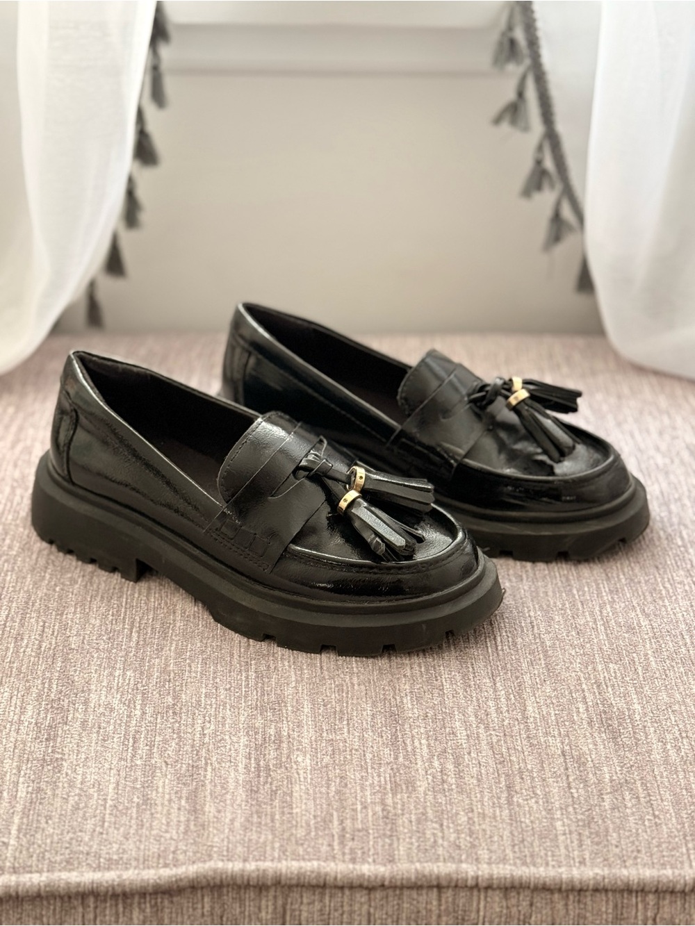 Zara Kids- Black Leather Tassel Chunky Lug Sole Loafers